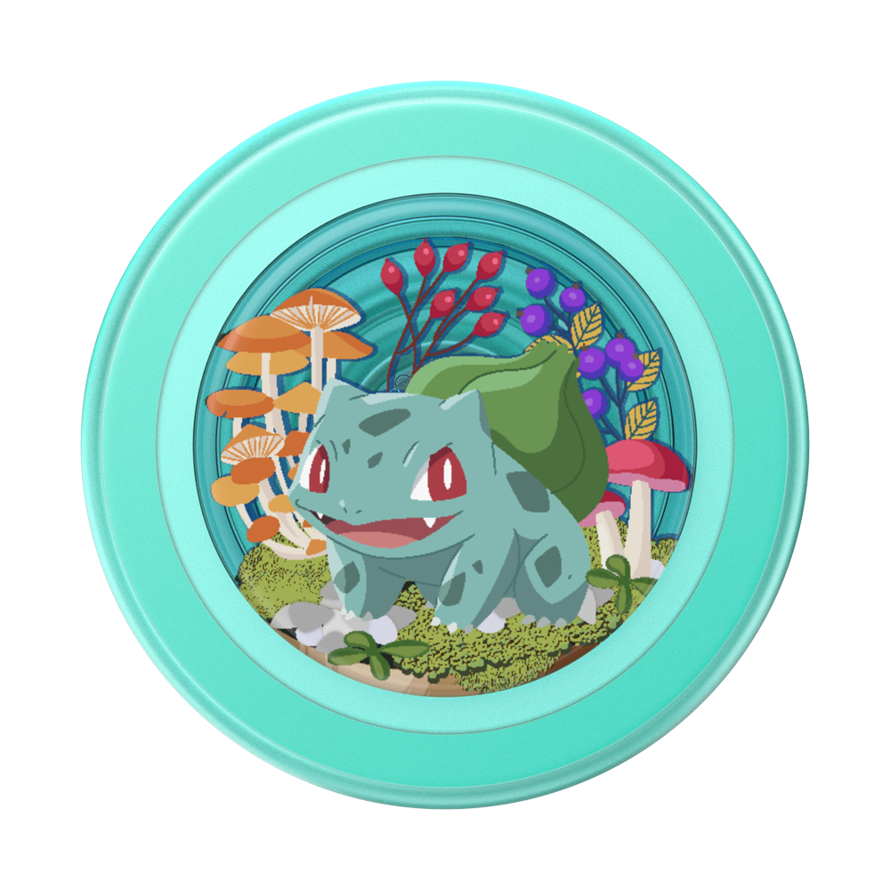 A circular decorative plaque or coaster featuring Bulbasaur from Pokémon, set against a solid white background.