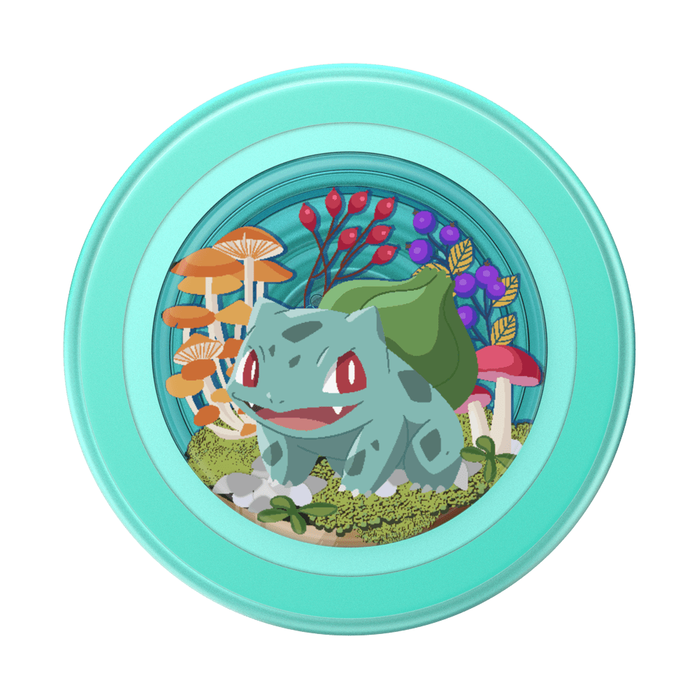 A circular decorative plaque or coaster featuring Bulbasaur from Pokémon, set against a solid white background.