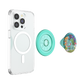 A clear MagSafe-compatible phone case shown on a white phone, alongside a mint green Popsicle Stand and a matching round pop socket with a colorful Bulbasaur illustration, on a clean white background.