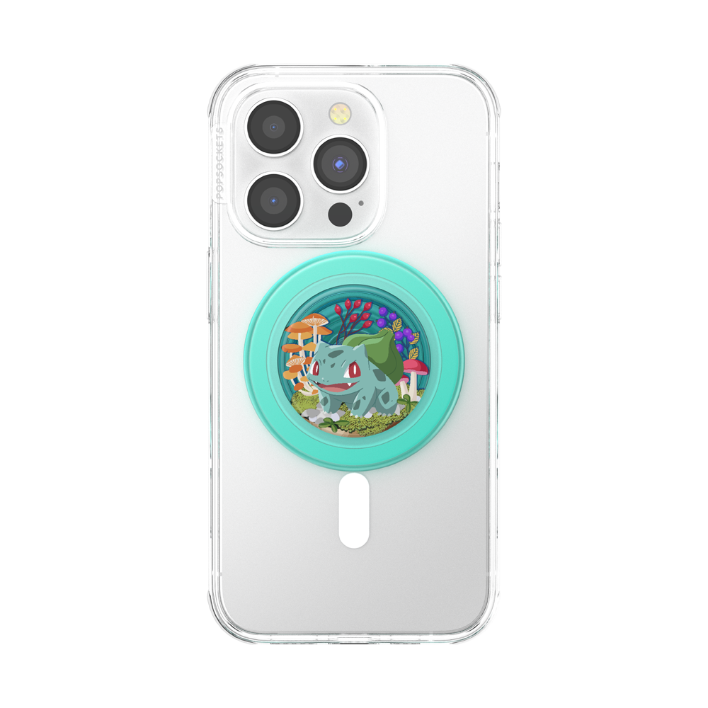 Phone case with a cartoon character and teal popsocket on a white background