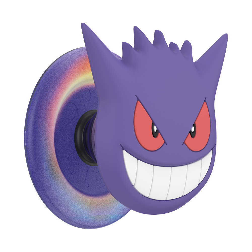 A purple Gengar pop socket featuring the character's face on the front and a holographic iridescent back, shown on a plain white background.