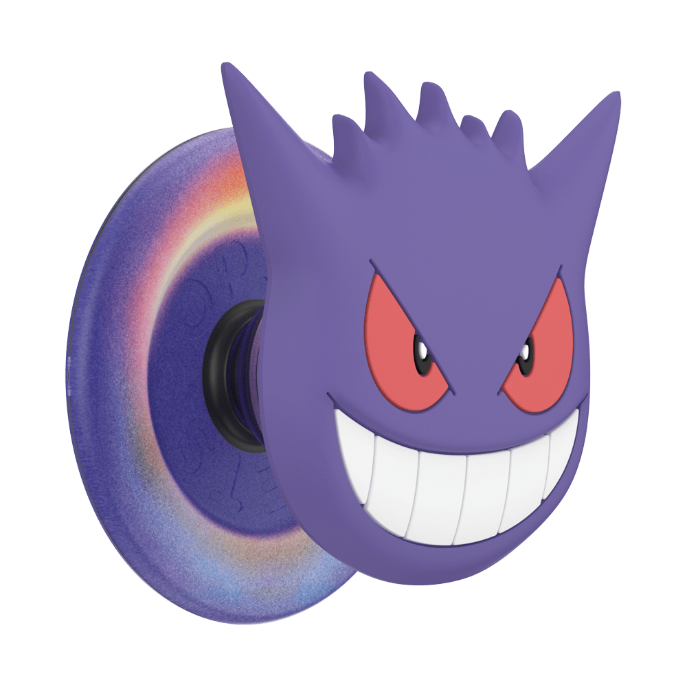 A purple Gengar pop socket featuring the character's face on the front and a holographic iridescent back, shown on a plain white background.