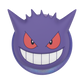 A purple Gengar character face accessory with red eyes, white teeth, and a blue iridescent rim, shown on a plain white background.