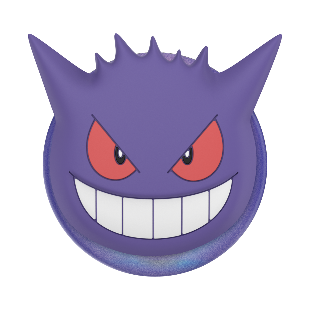 A purple Gengar character face accessory with red eyes, white teeth, and a blue iridescent rim, shown on a plain white background.