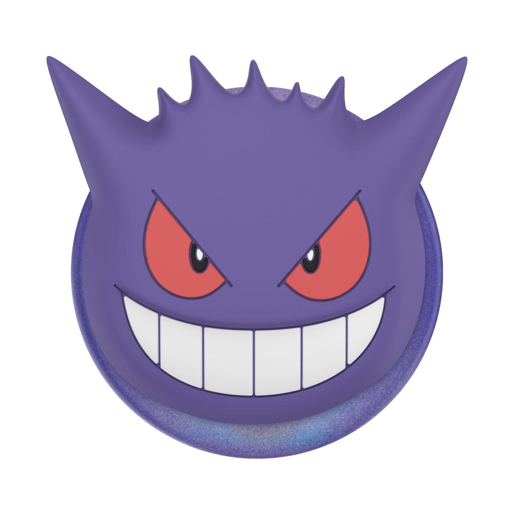A purple Gengar character face accessory with red eyes, white teeth, and a blue iridescent rim, shown on a plain white background.