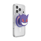 A clear PopSocket phone case on a smartphone, featuring a purple Gengar pop socket with red eyes and a smiling mouth.