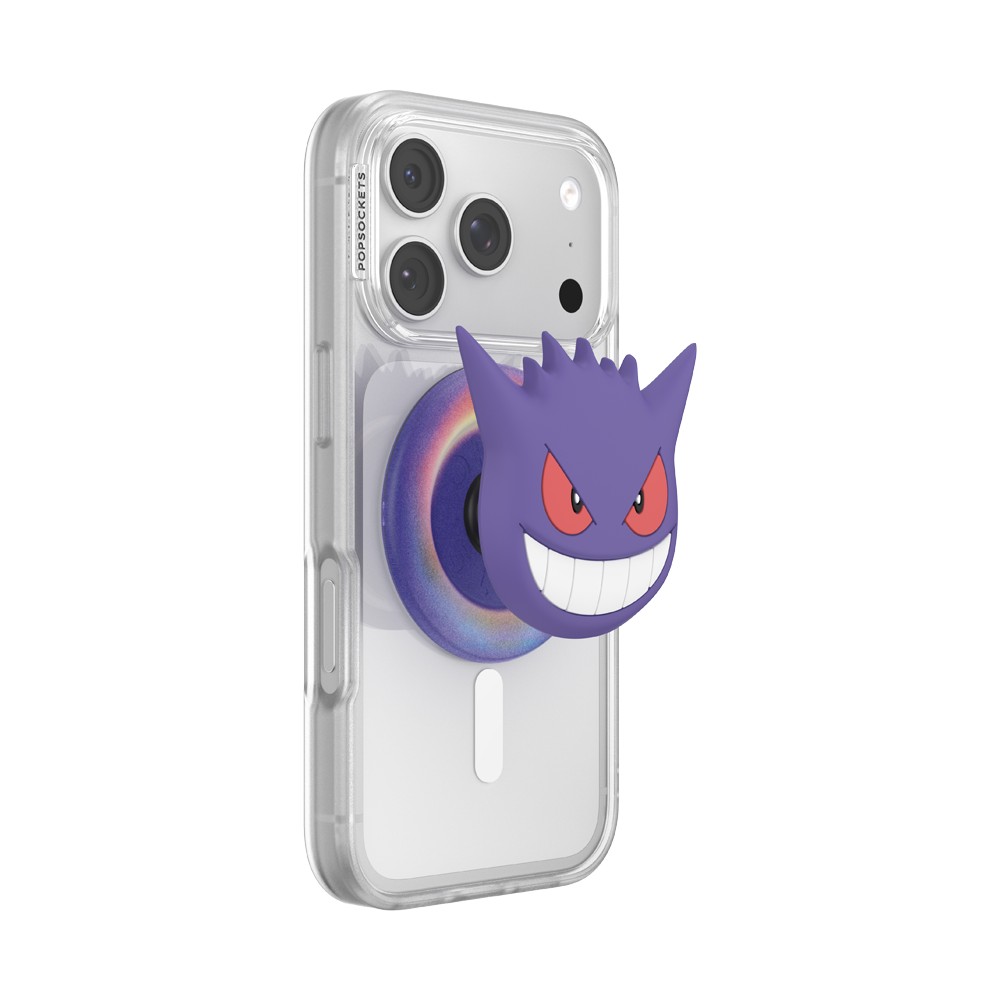 A clear PopSocket phone case on a smartphone, featuring a purple Gengar pop socket with red eyes and a smiling mouth.