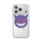 A clear phone case featuring a large printed purple Gengar character face with red eyes and a wide grin, shown on a white background.