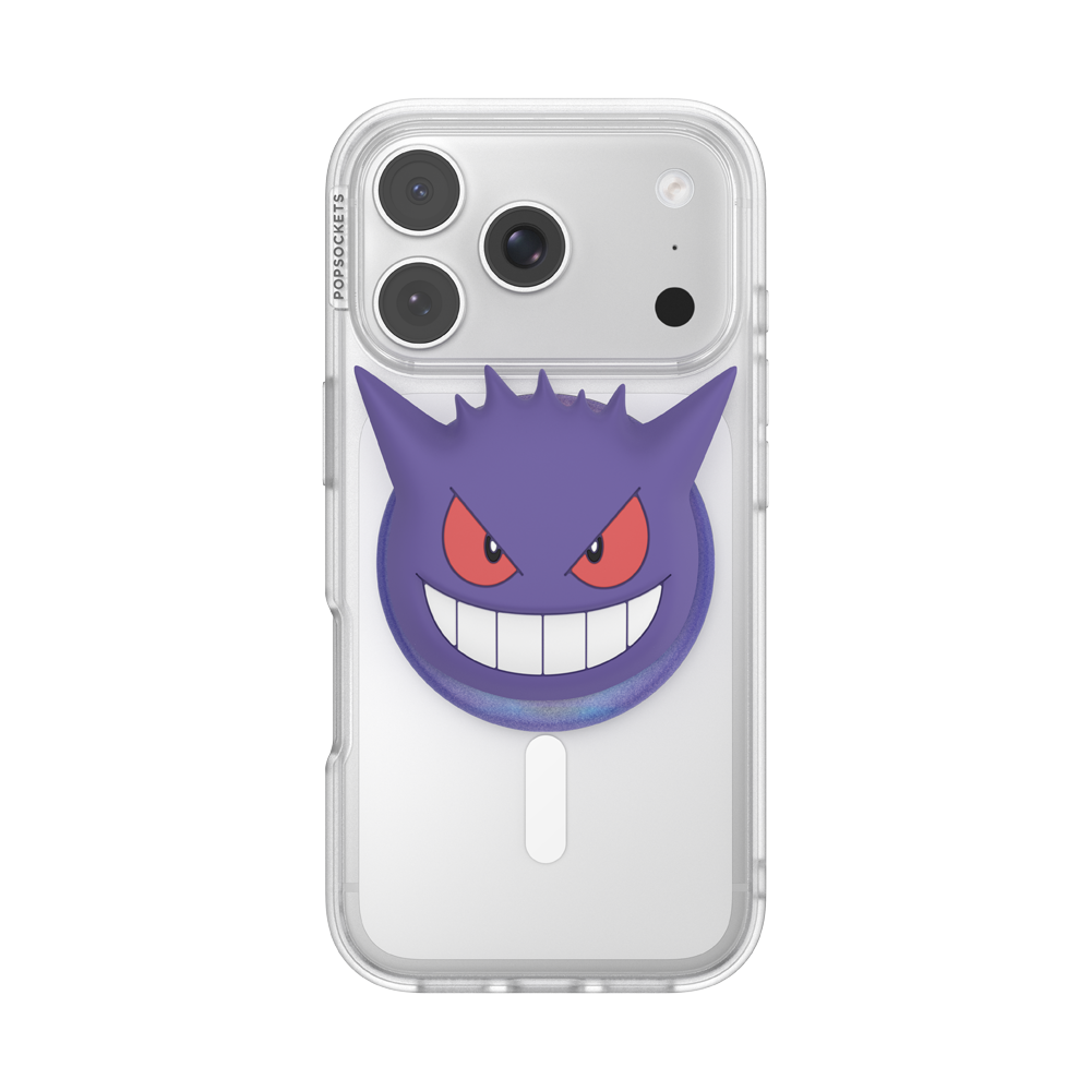 A clear phone case featuring a large printed purple Gengar character face with red eyes and a wide grin, shown on a white background.