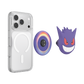 A clear phone case with a MagSafe ring, shown on a smartphone alongside a circular iridescent purple/blue pop socket and a purple Gengar character accessory, all on a white background.