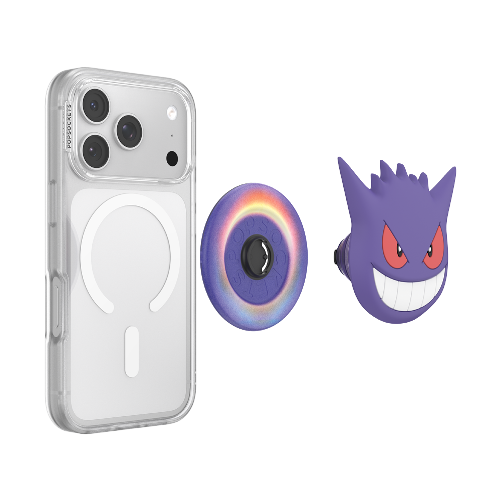 A clear phone case with a MagSafe ring, shown on a smartphone alongside a circular iridescent purple/blue pop socket and a purple Gengar character accessory, all on a white background.
