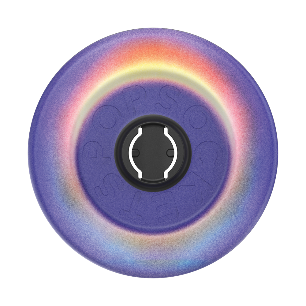 A circular purple Pop Socket with an iridescent rainbow gradient ring and a black central connector, shown on a plain white background.