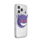 A clear protective phone case on a smartphone, featuring a raised purple Gengar pop socket with red eyes and a wide grin on the back.