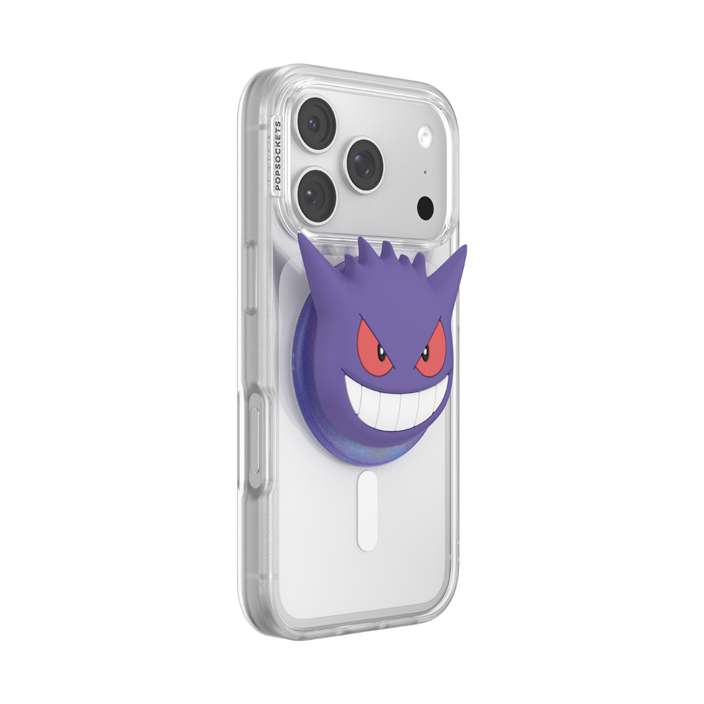 A clear protective phone case on a smartphone, featuring a raised purple Gengar pop socket with red eyes and a wide grin on the back.