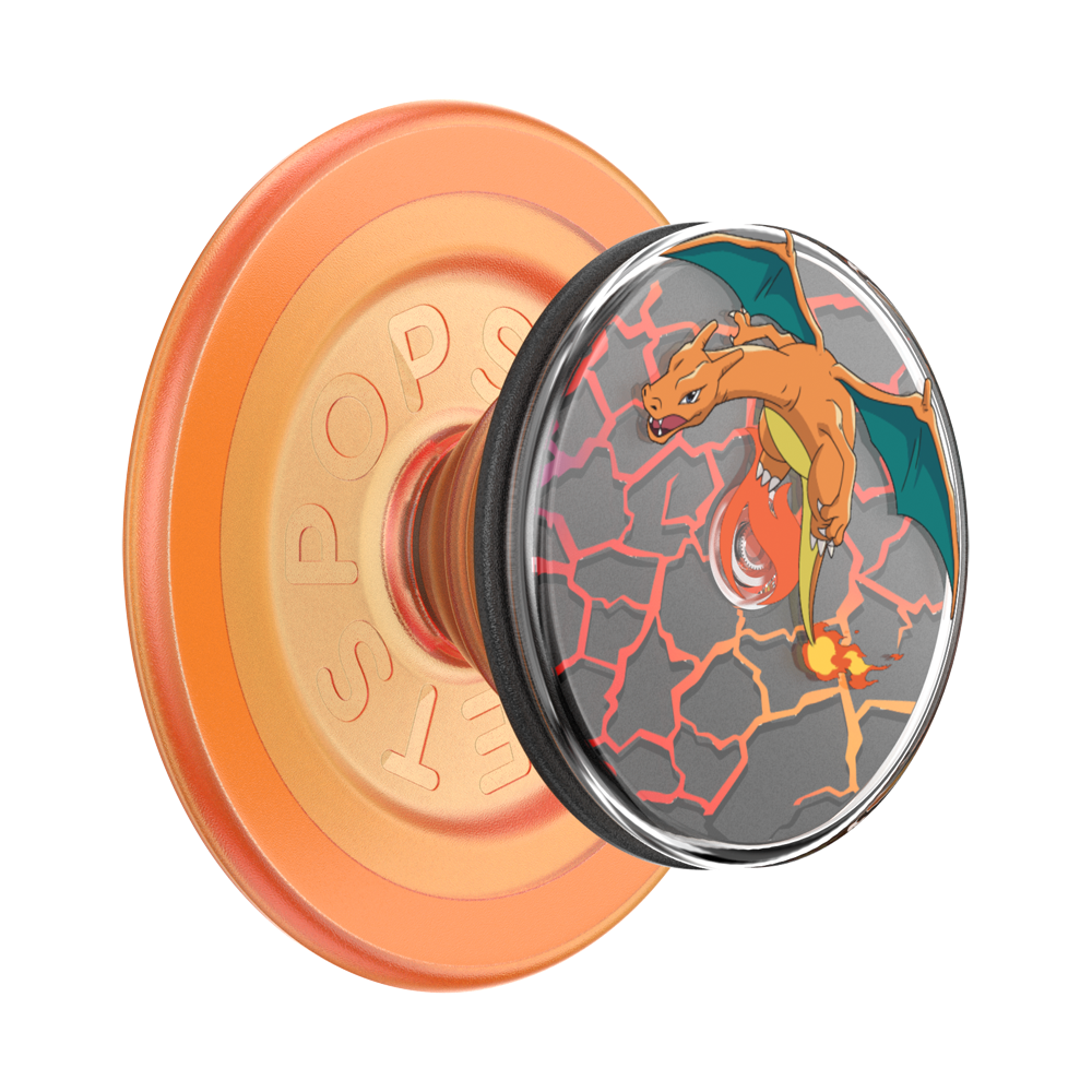 An orange PopSockets grip stand featuring a Charizard graphic on the front, set against a plain white background.