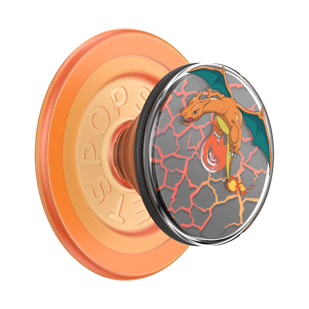 An orange PopSockets grip stand featuring a Charizard graphic on the front, set against a plain white background.