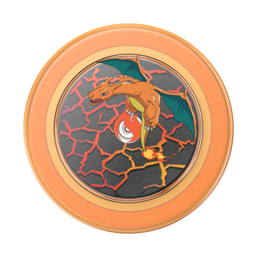 A circular Pokémon Charizard collectible coin or medallion featuring Charizard on a cracked volcanic background, surrounded by an orange metallic border on a white background.