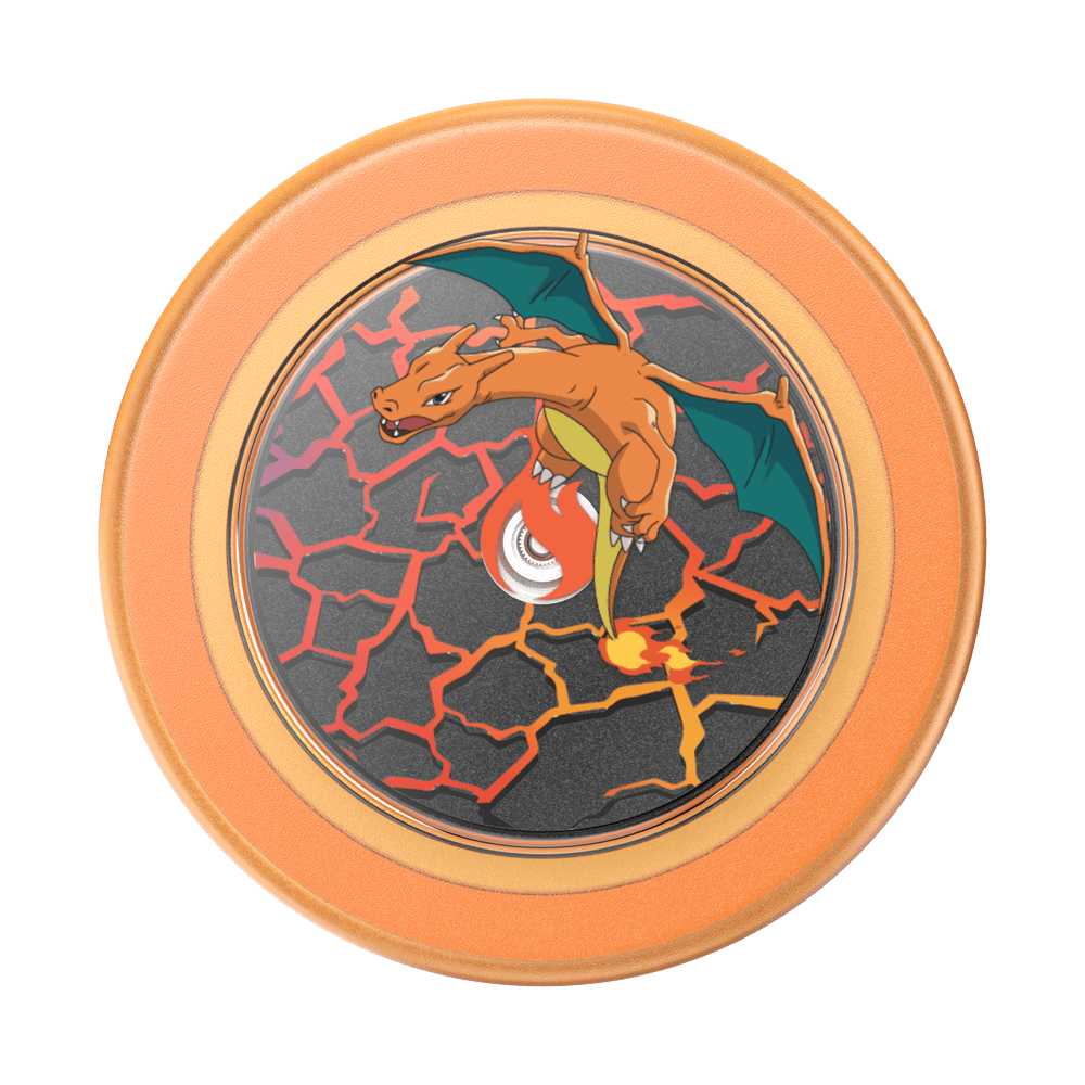 A circular Pokémon Charizard collectible coin or medallion featuring Charizard on a cracked volcanic background, surrounded by an orange metallic border on a white background.