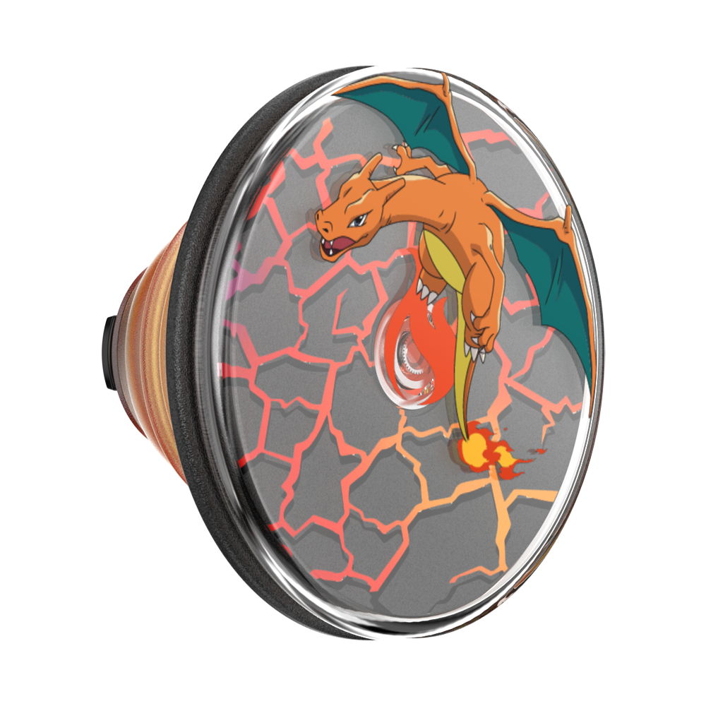 A round decorative knob featuring a Charizard graphic on a cracked gray background, with a metallic silver rim and a striped brown, orange, and red handle.
