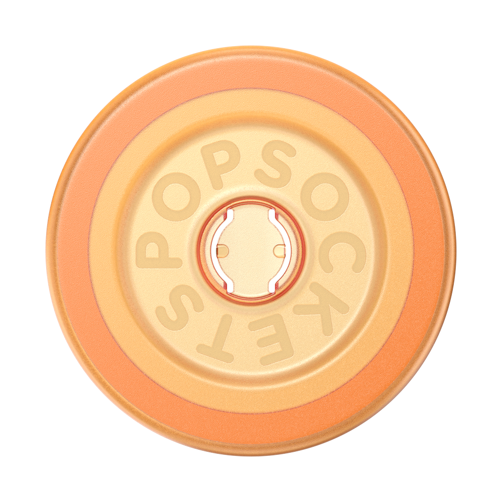 An orange and beige circular plastic lid with embossed text reading 'POPSOCKETS' around the center, shown on a plain white background.