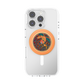 Phone case with a colorful design on an orange popsocket against a white background