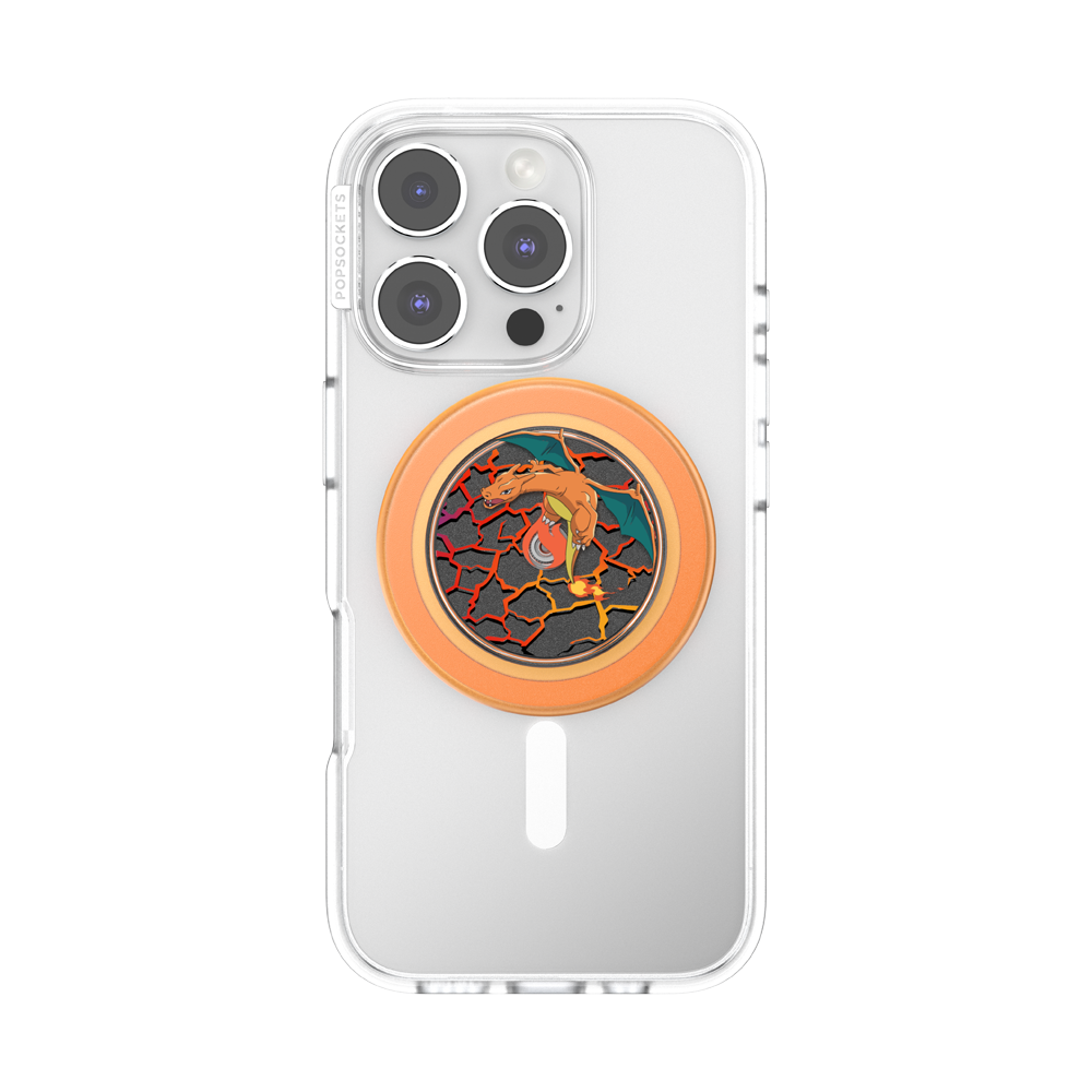 Phone case with a colorful design on an orange popsocket against a white background