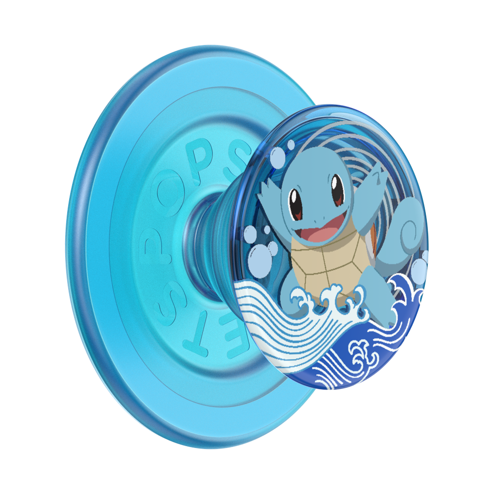 A light blue PopSockets phone grip featuring a circular design of the Pokémon character Squirtle surrounded by blue waves and white foam, shown on a plain white background.
