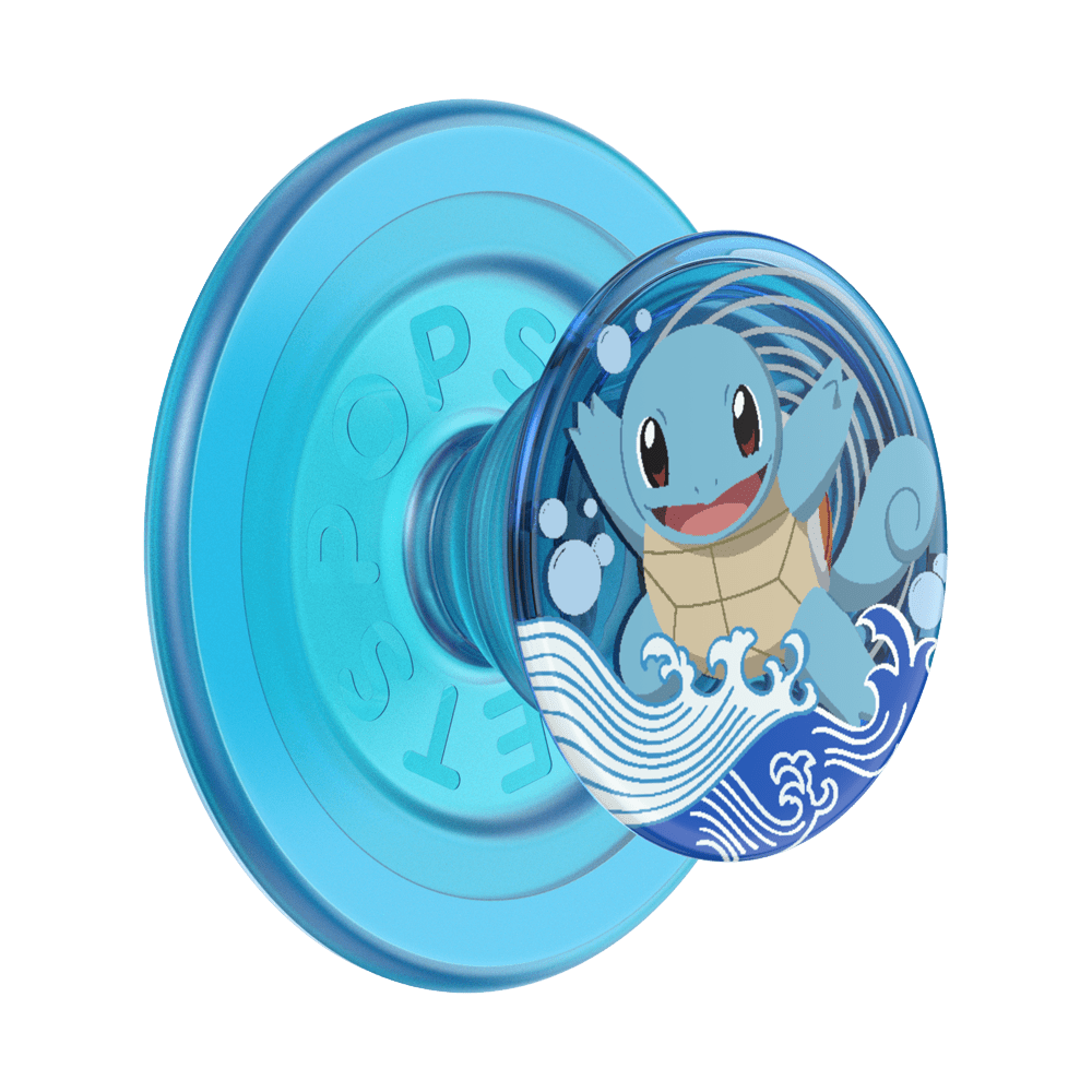 A light blue PopSockets phone grip featuring a circular design of the Pokémon character Squirtle surrounded by blue waves and white foam, shown on a plain white background.