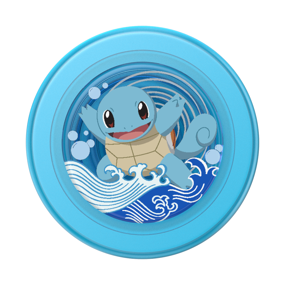 A circular light blue product featuring an illustration of Squirtle from Pokémon, with blue and white ocean waves and a tan shell, centered on a plain white background.