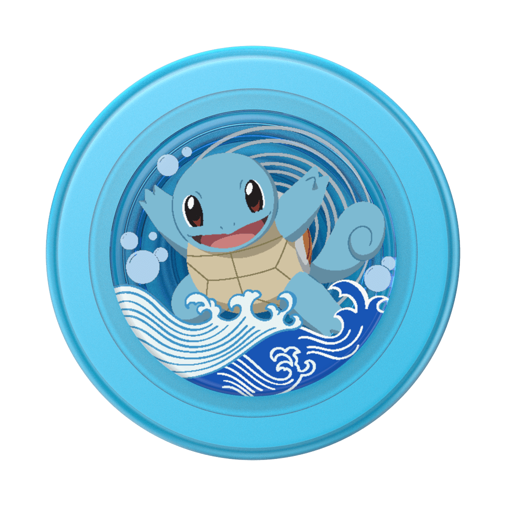 A circular light blue product featuring an illustration of Squirtle from Pokémon, with blue and white ocean waves and a tan shell, centered on a plain white background.