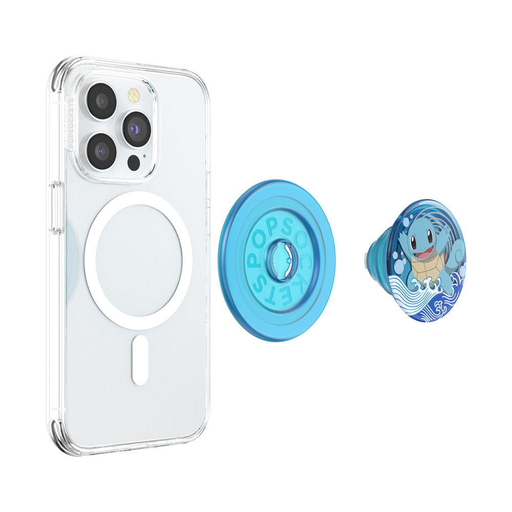 Clear MagSafe phone case shown on a smartphone, with two PopSockets accessories displayed beside it: a blue circular suction cup and a blue character pop socket featuring a cartoon turtle in a wave design.