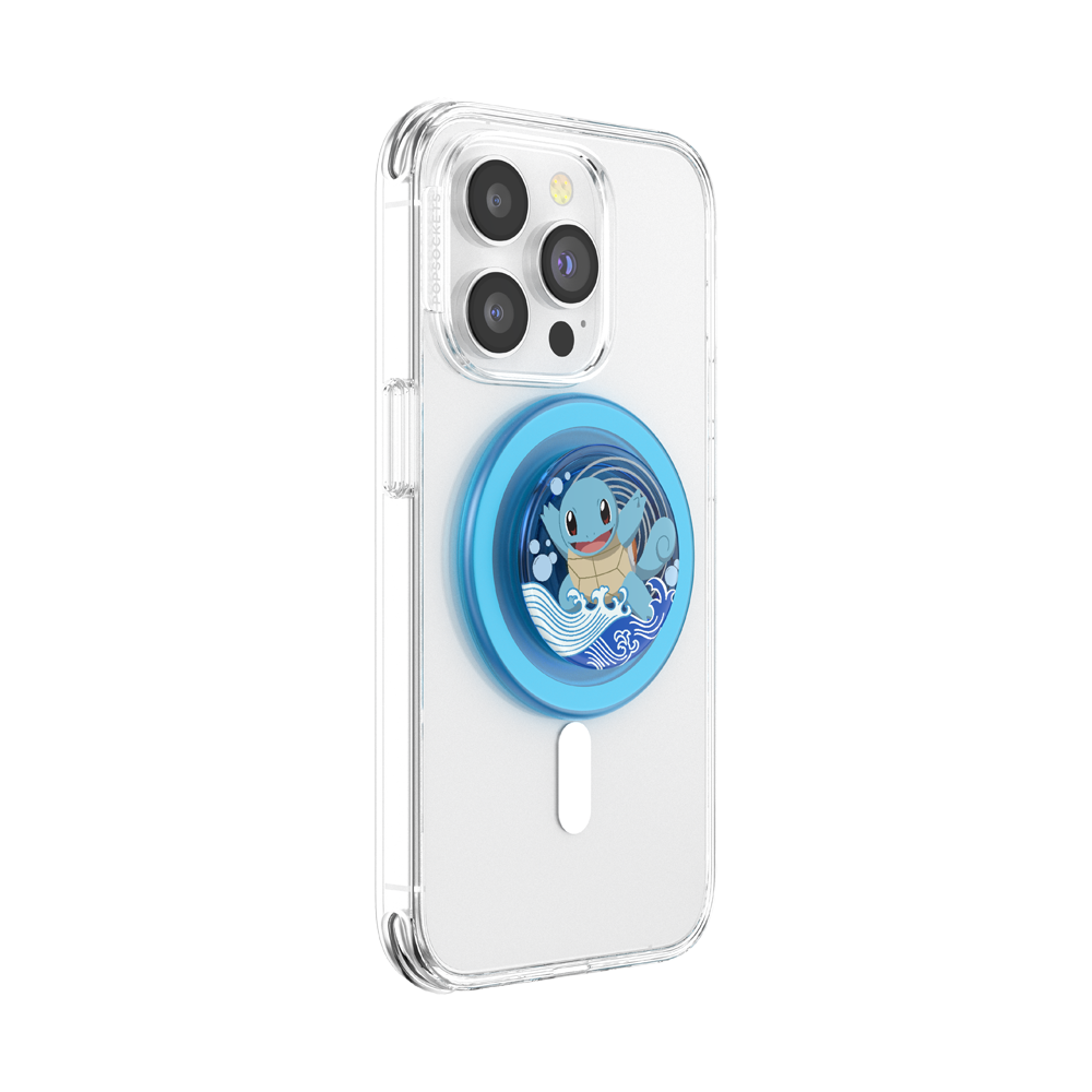Clear phone case with a blue Pop-Sock style circular accessory featuring a Squirtle character design, shown on a white background.