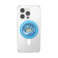 A clear phone case on a white smartphone, featuring a circular blue Pop-Sock-style holder with a cartoon Squirtle illustration on the back.