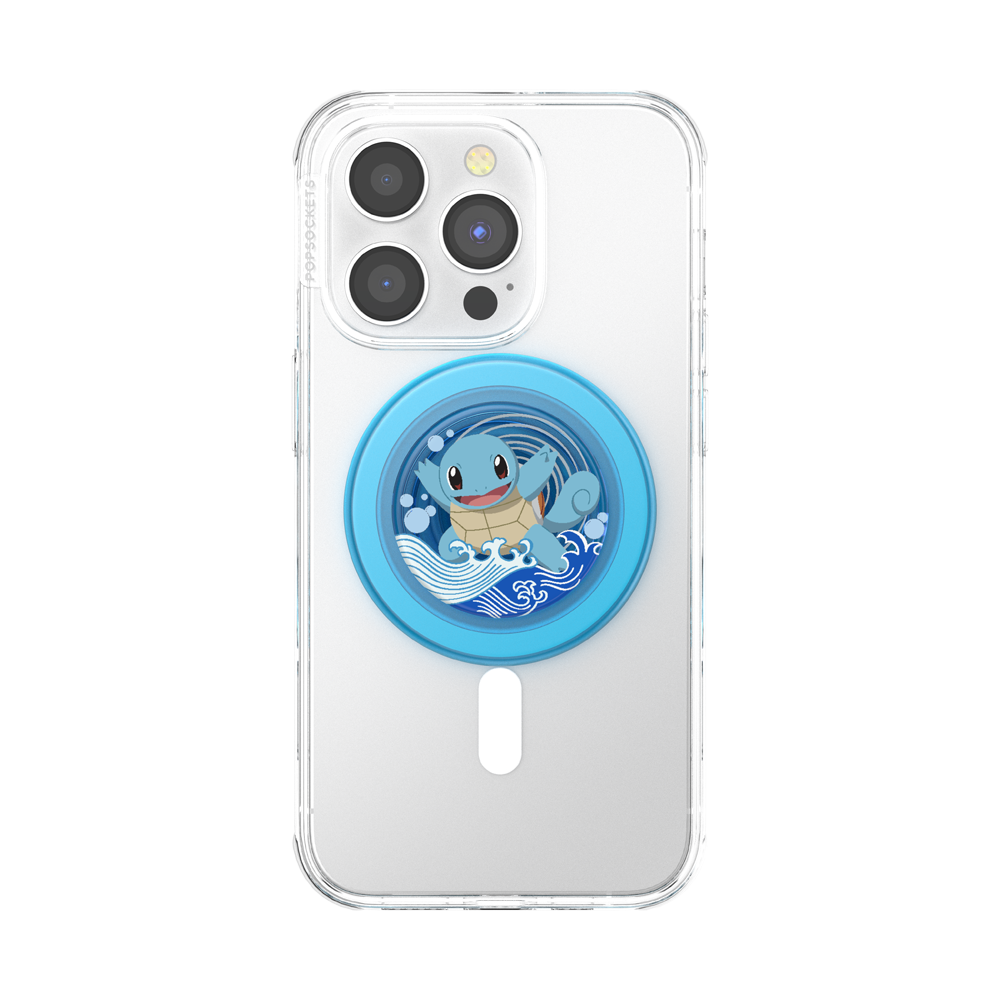 A clear phone case on a white smartphone, featuring a circular blue Pop-Sock-style holder with a cartoon Squirtle illustration on the back.