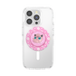 Clear phone case with a circular pink Pop-Sockets style holder featuring a Jigglypuff character graphic, shown on a white smartphone against a white background.