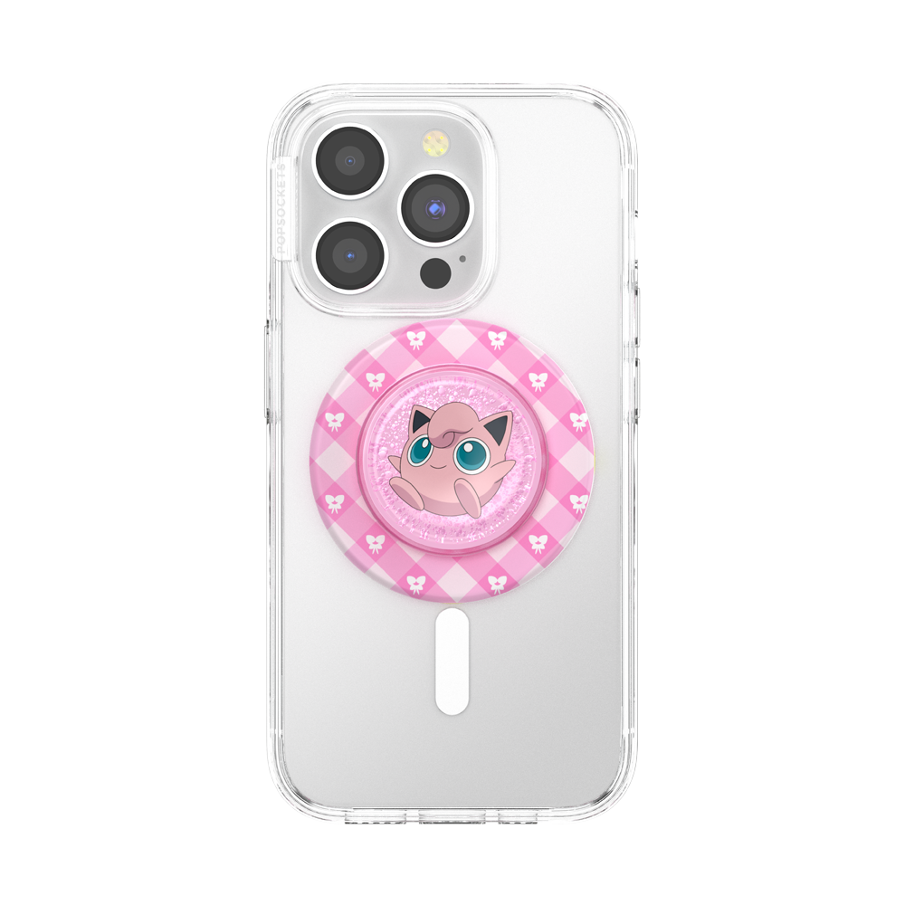 Clear phone case with a circular pink Pop-Sockets style holder featuring a Jigglypuff character graphic, shown on a white smartphone against a white background.
