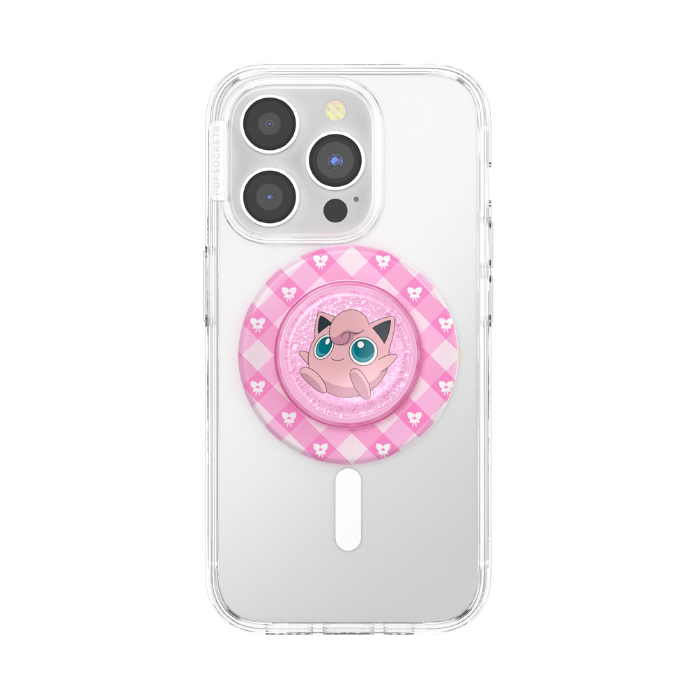 Clear phone case with a circular pink Pop-Sockets style holder featuring a Jigglypuff character graphic, shown on a white smartphone against a white background.