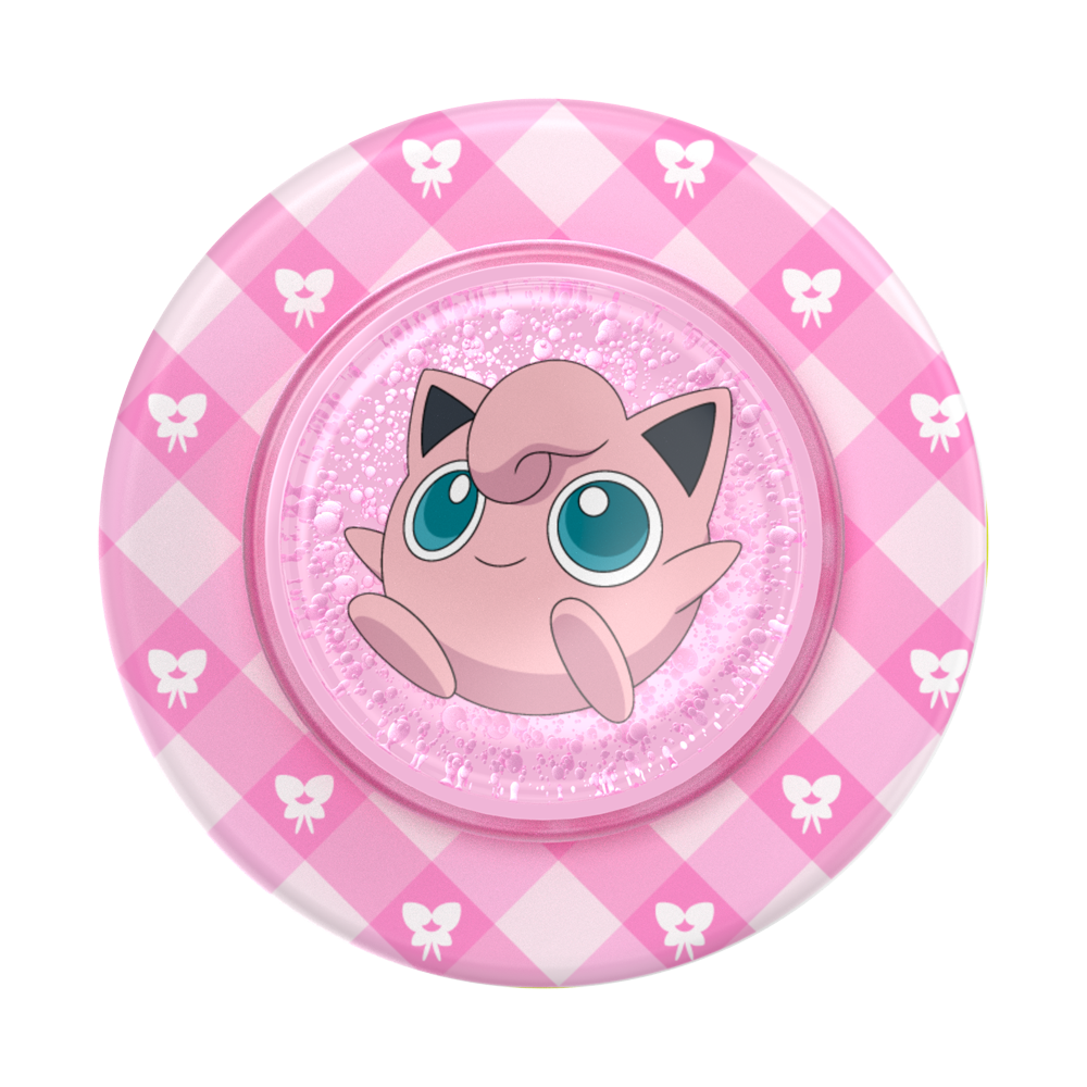 A round pink pop socket featuring a glittery pink center with an illustration of Jigglypuff, surrounded by a pink and white argyle pattern with small white bow motifs.