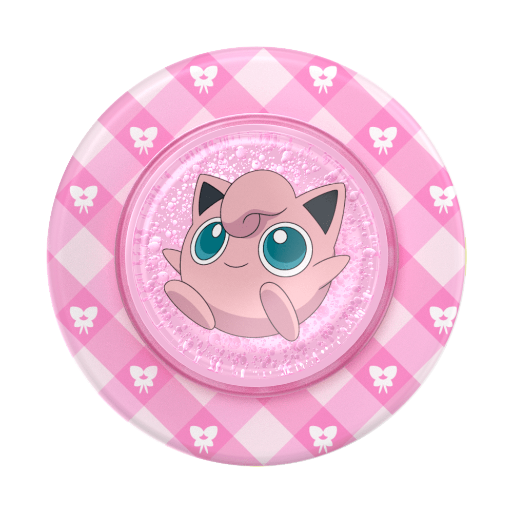 A round pink pop socket featuring a glittery pink center with an illustration of Jigglypuff, surrounded by a pink and white argyle pattern with small white bow motifs.