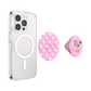 A clear phone case shown on a smartphone, accompanied by two pink pop socket-style accessories: one with a pink argyle pattern and heart motifs, and one with a pink cartoon character design.