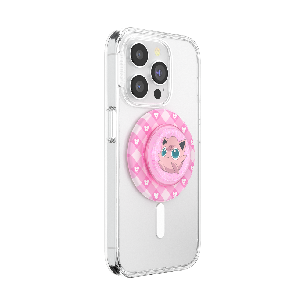 Phone case with a pink PopSocket featuring a cartoon character on a white background