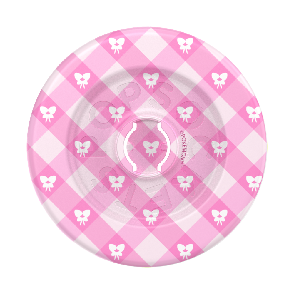 A round pink and white checkered float with a repeating bow pattern, shown from a top-down view on a white background.