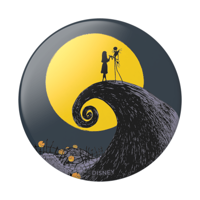 Circular Disney button featuring a couple on a hill with a yellow moon in the background