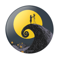 Circular Disney button featuring a couple on a hill with a yellow moon in the background