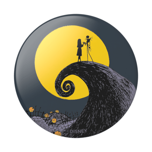 Circular Disney button featuring a couple on a hill with a yellow moon in the background