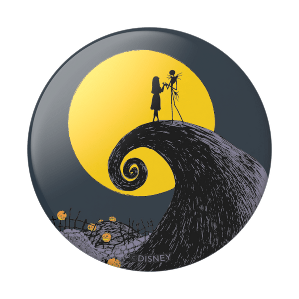 Circular Disney button featuring a couple on a hill with a yellow moon in the background