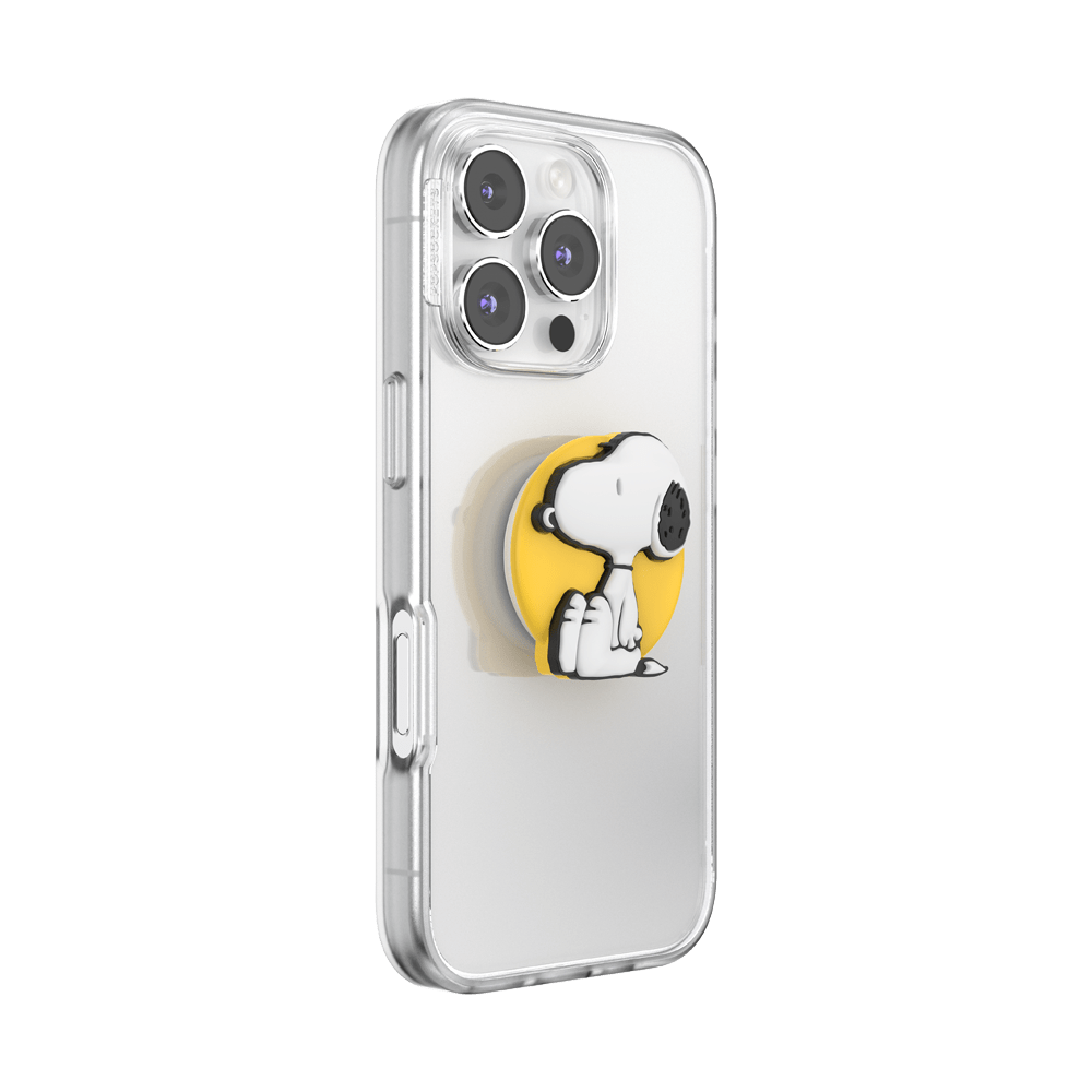 Clear phone case with a Snoopy PopSocket attachment on a white background