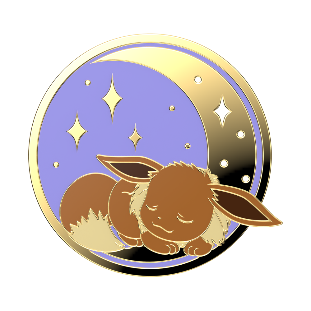 Enamel pin with a gold border, purple background, and sleeping creature illustration.
