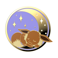 Enamel pin with a gold border, purple background, and sleeping creature illustration.