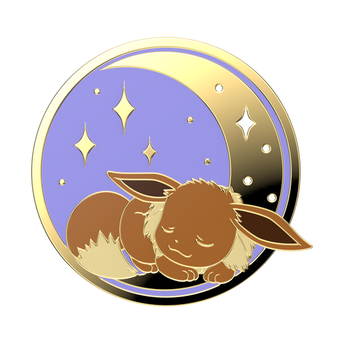 Enamel pin with a gold border, purple background, and sleeping creature illustration.